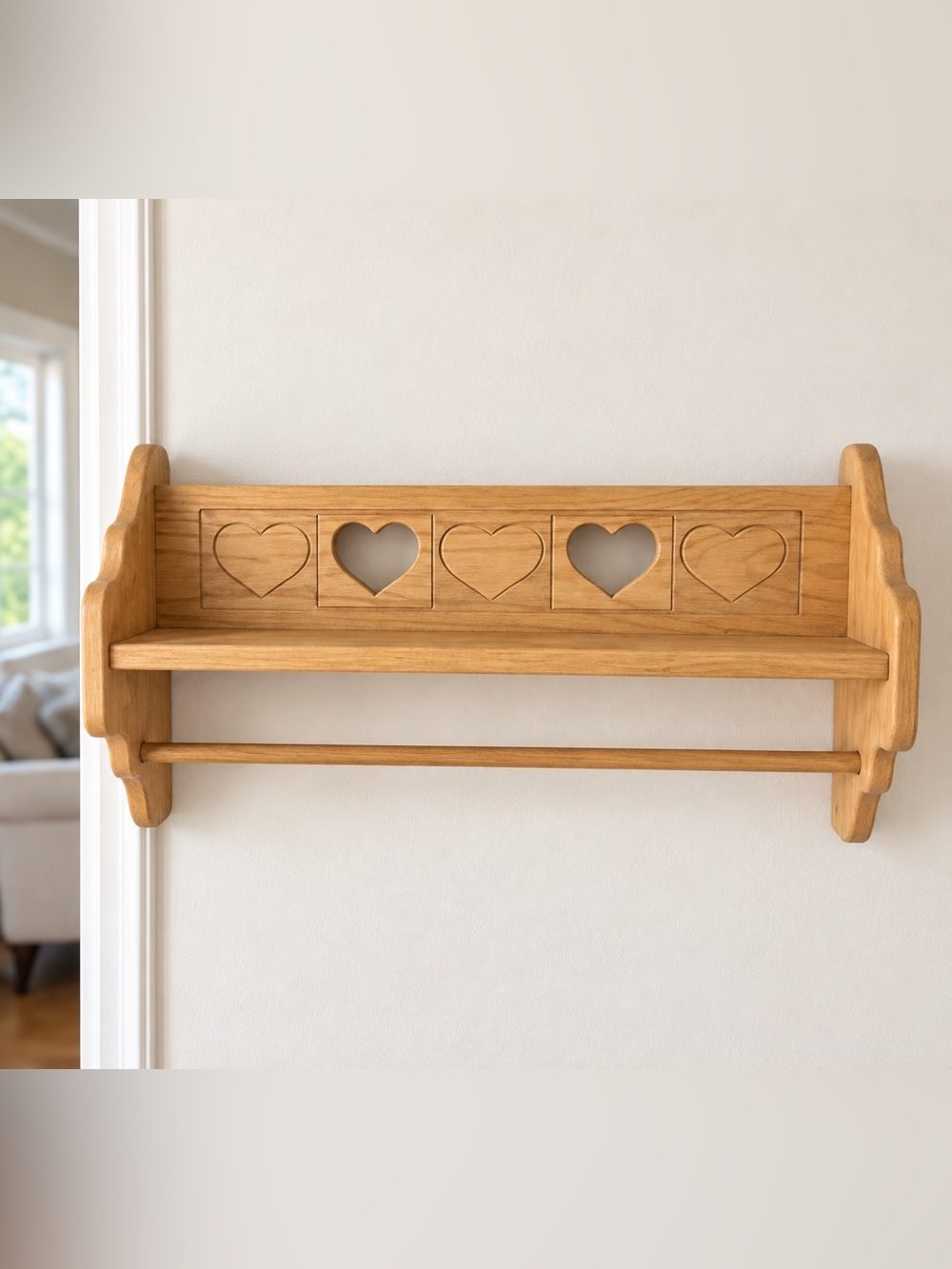 Vintage Wooden Wall Shelf Heart Cut Outs granny cottage core towel hanger 20x12”
